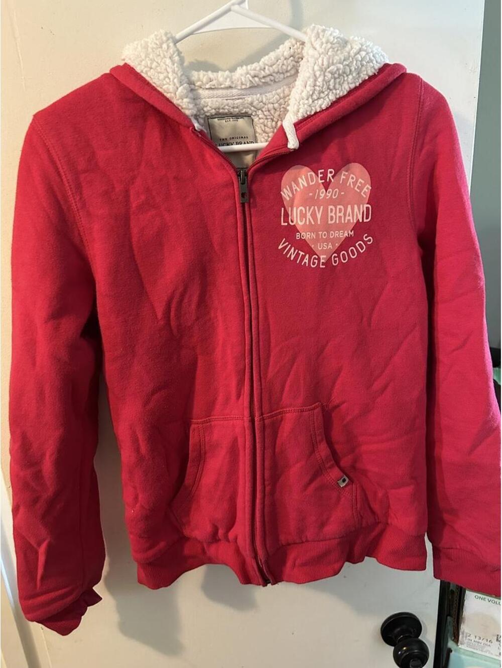 Red Lucky Brand zip up hoodie size YL 14/16